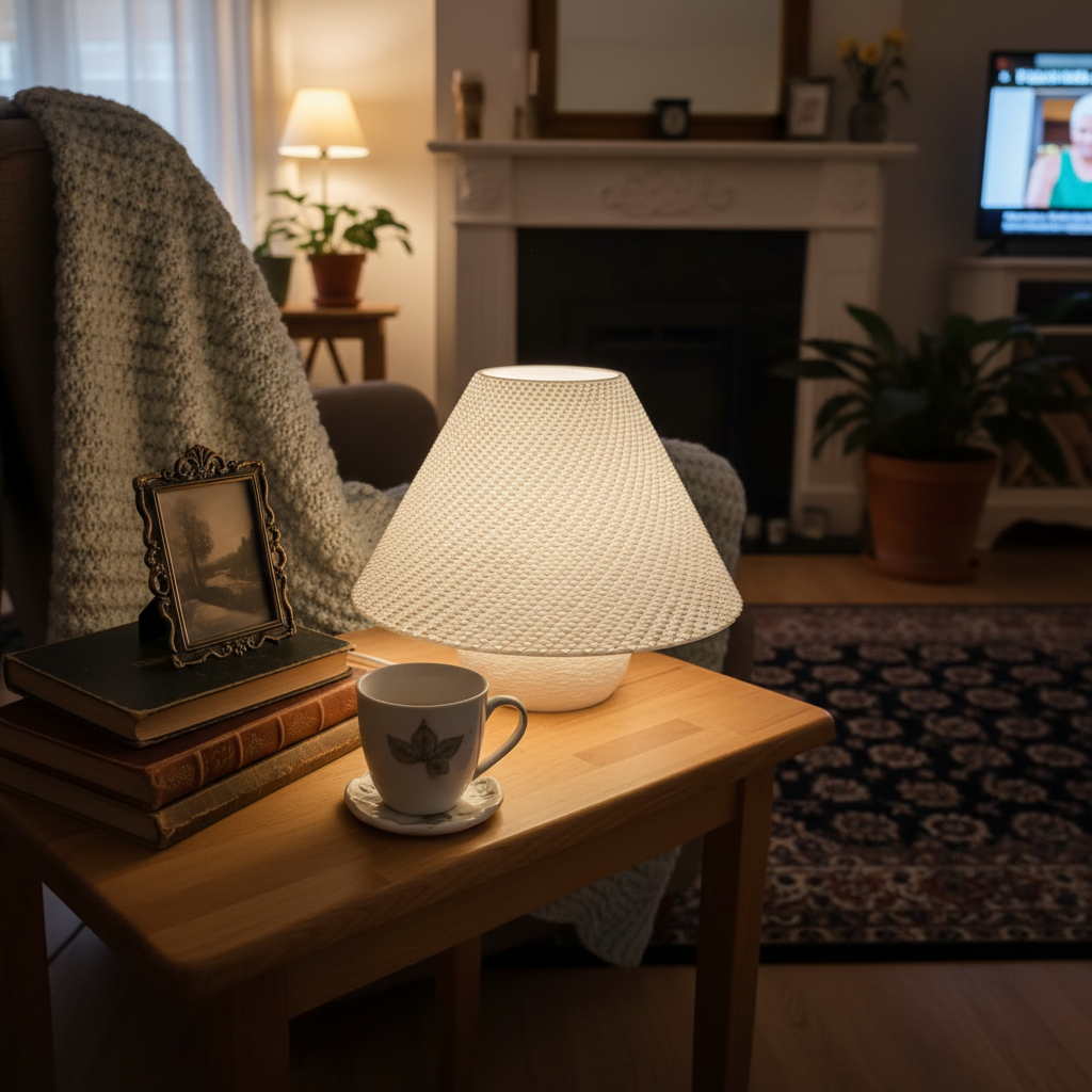 Lamp on a wooden table with a cup and books in a cozy living room.