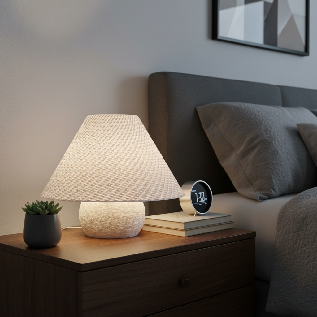 Lamp on a nightstand next to a bed with pillows and a clock.
