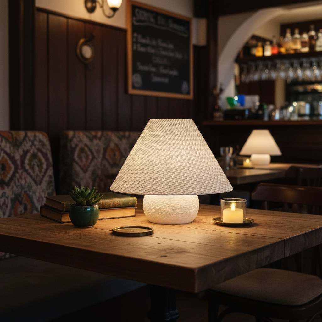 Lamp on a wooden table in a cozy restaurant setting with a candle and books.