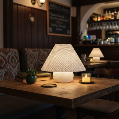 Lamp on a wooden table in a cozy restaurant setting with a candle and books.