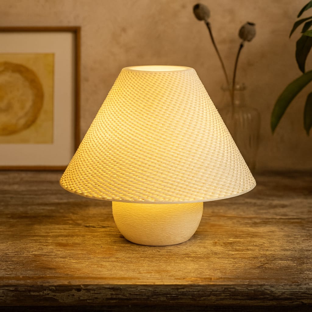Table lamp with textured white shade and twisted base next to a vase with dried flowers on a windowsill.