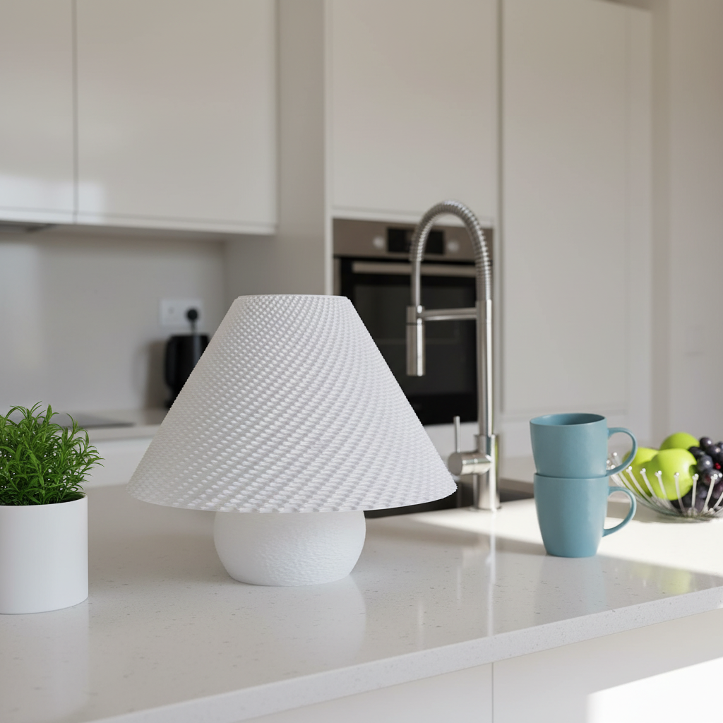White textured lamp on a kitchen counter with a plant and kitchenware in the background