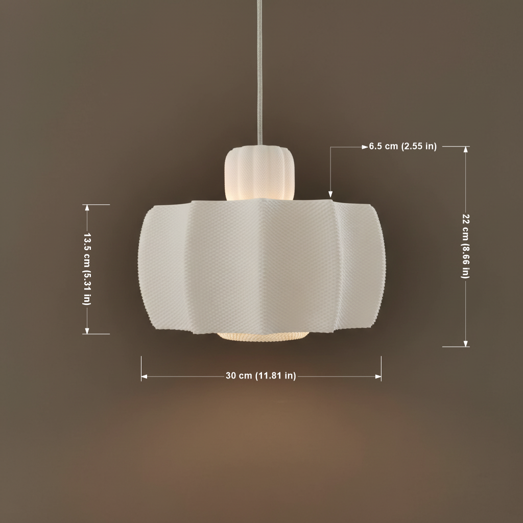White 3D-printed pendant lamp with measurements displayed: 30 cm width, 22 cm height, 13.5 cm lower section, and 6.5 cm top section.