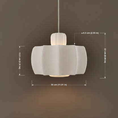 White 3D-printed pendant lamp with measurements displayed: 30 cm width, 22 cm height, 13.5 cm lower section, and 6.5 cm top section.