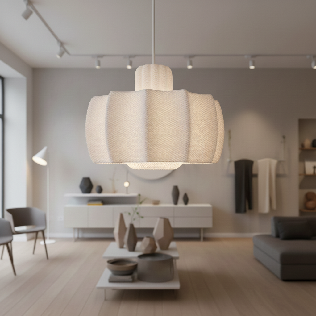 Large white design pendant lamp in a modern interior with wooden flooring, minimalist furniture, and geometric ceramic decor pieces.