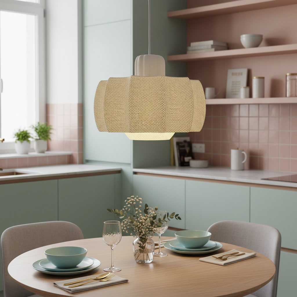 Modern kitchen with a round dining table set, pendant light, and shelves with decor items.