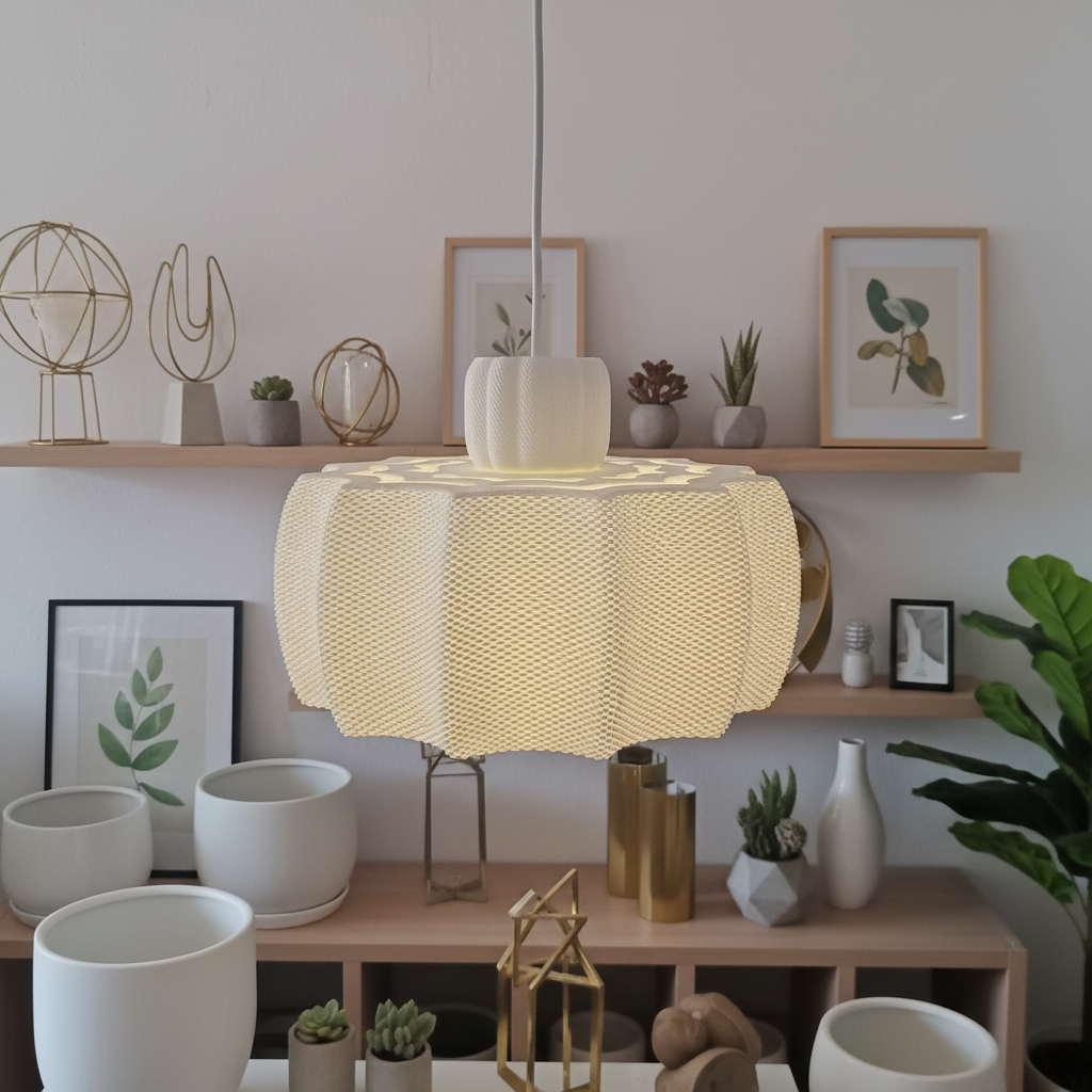 White designer pendant lamp with layered shade casting soft light in a styled living room with shelves and plants.