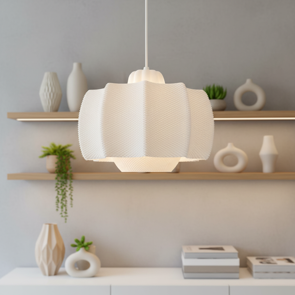 White textured pendant lamp hanging in a bright contemporary room with wooden shelves and ceramic vases.