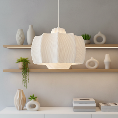 White textured pendant lamp hanging in a bright contemporary room with wooden shelves and ceramic vases.