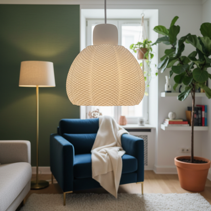 Living room with a blue armchair, lamp, and plant