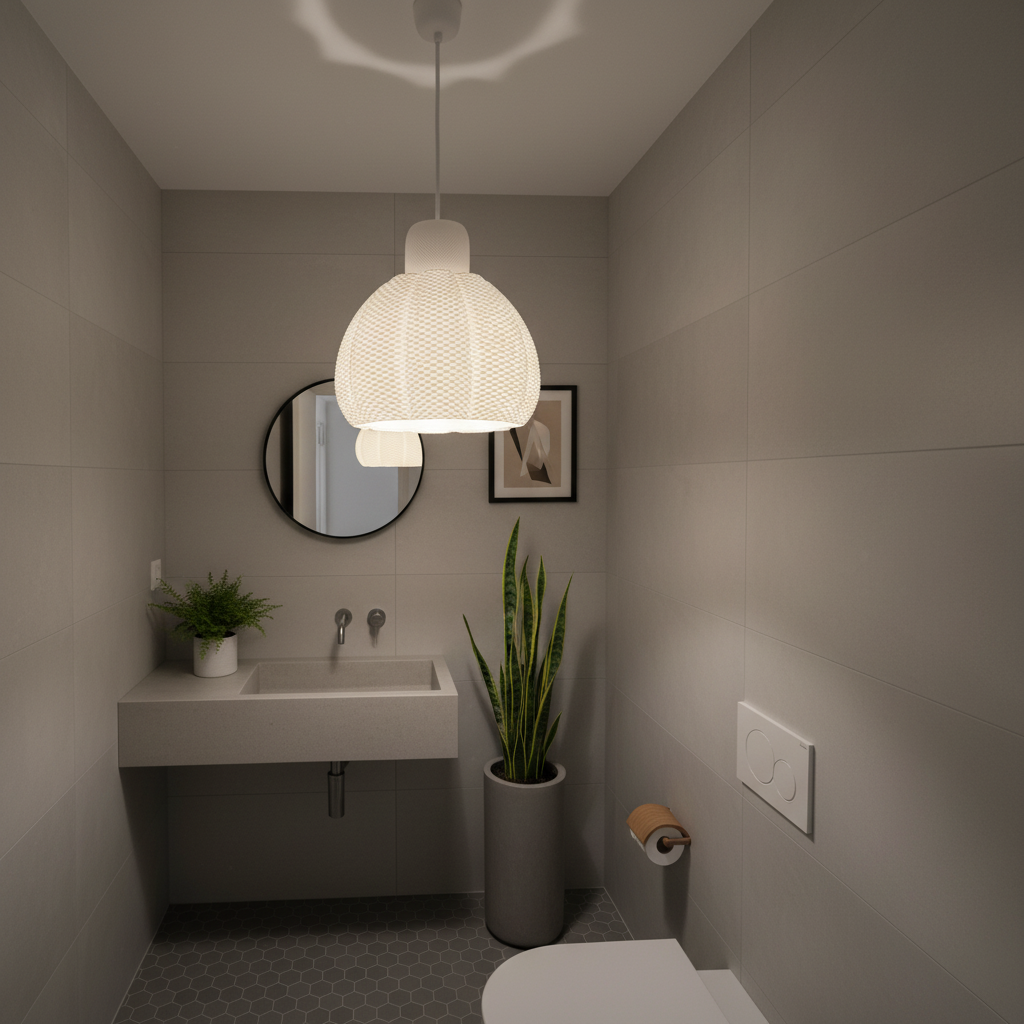 Modern bathroom interior with a sink, mirror, and decorative elements.