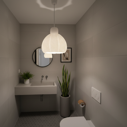 Modern bathroom interior with a sink, mirror, and decorative elements.