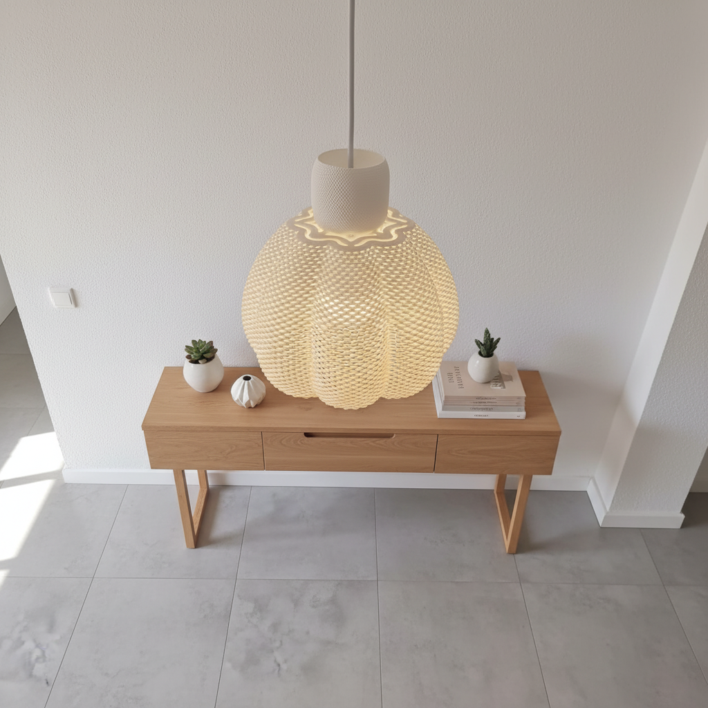 Woven pendant light hanging above a wooden console table with decorative items.