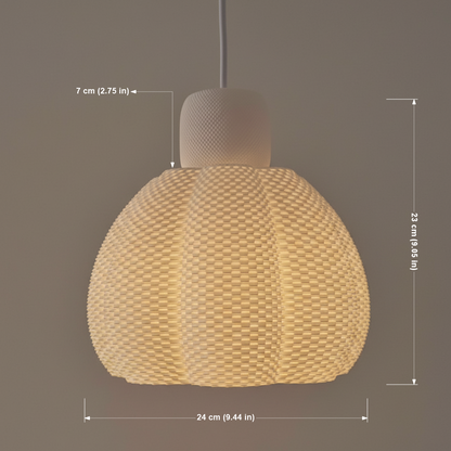 Woven pendant light with dimensions on a dark background