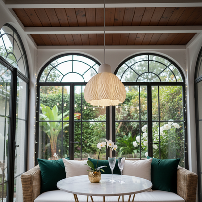 Living room with a round table, chairs, and decorative elements.