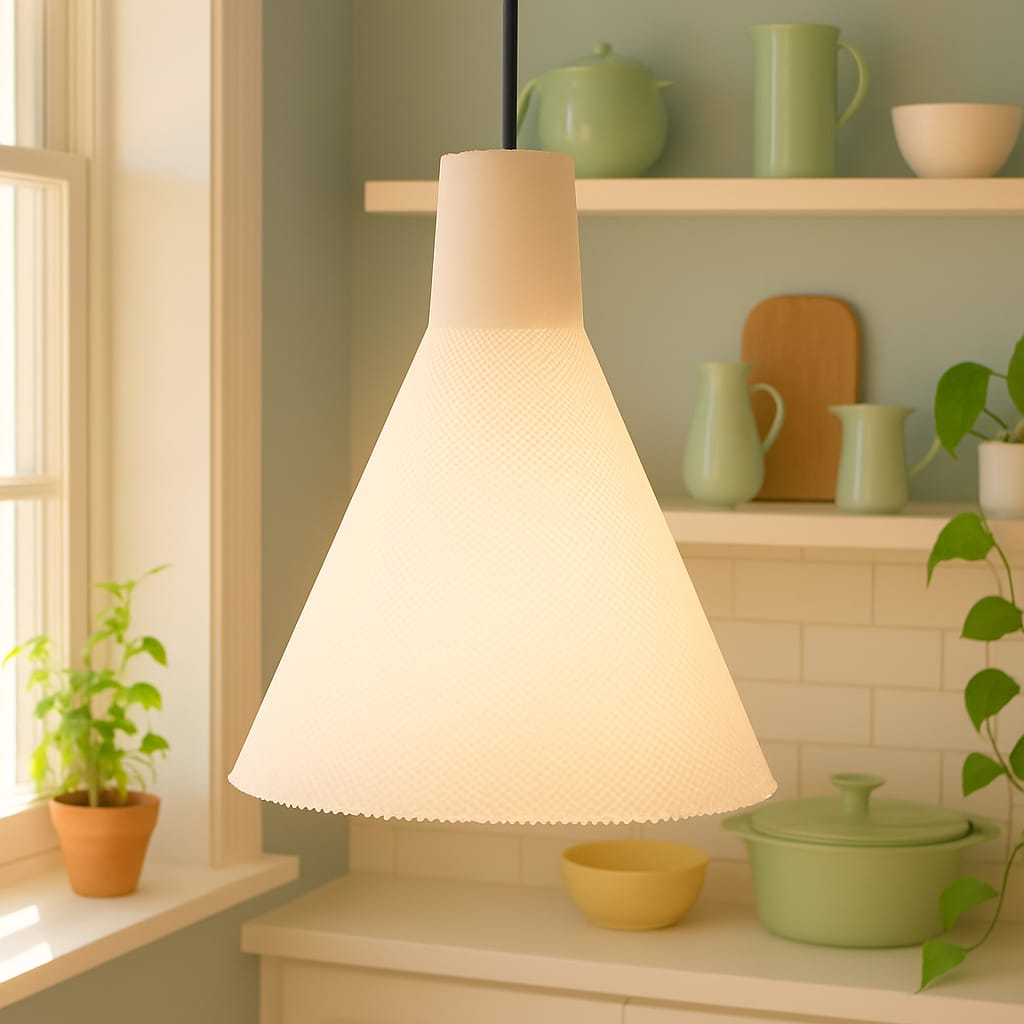 White pendant lamp on a kitchen counter with green kitchenware in the background