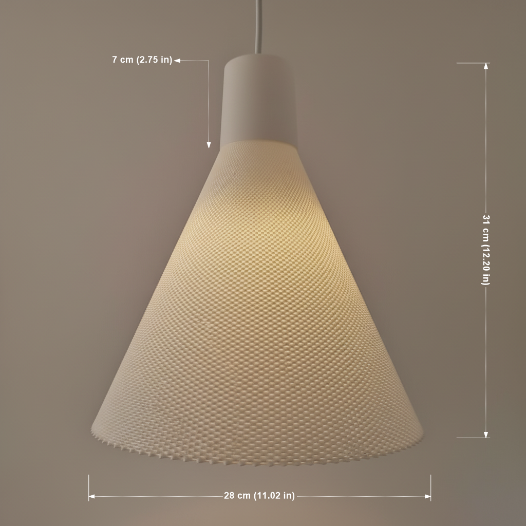 White cone-shaped pendant light with labeled dimensions, showing height and diameter measurements.
