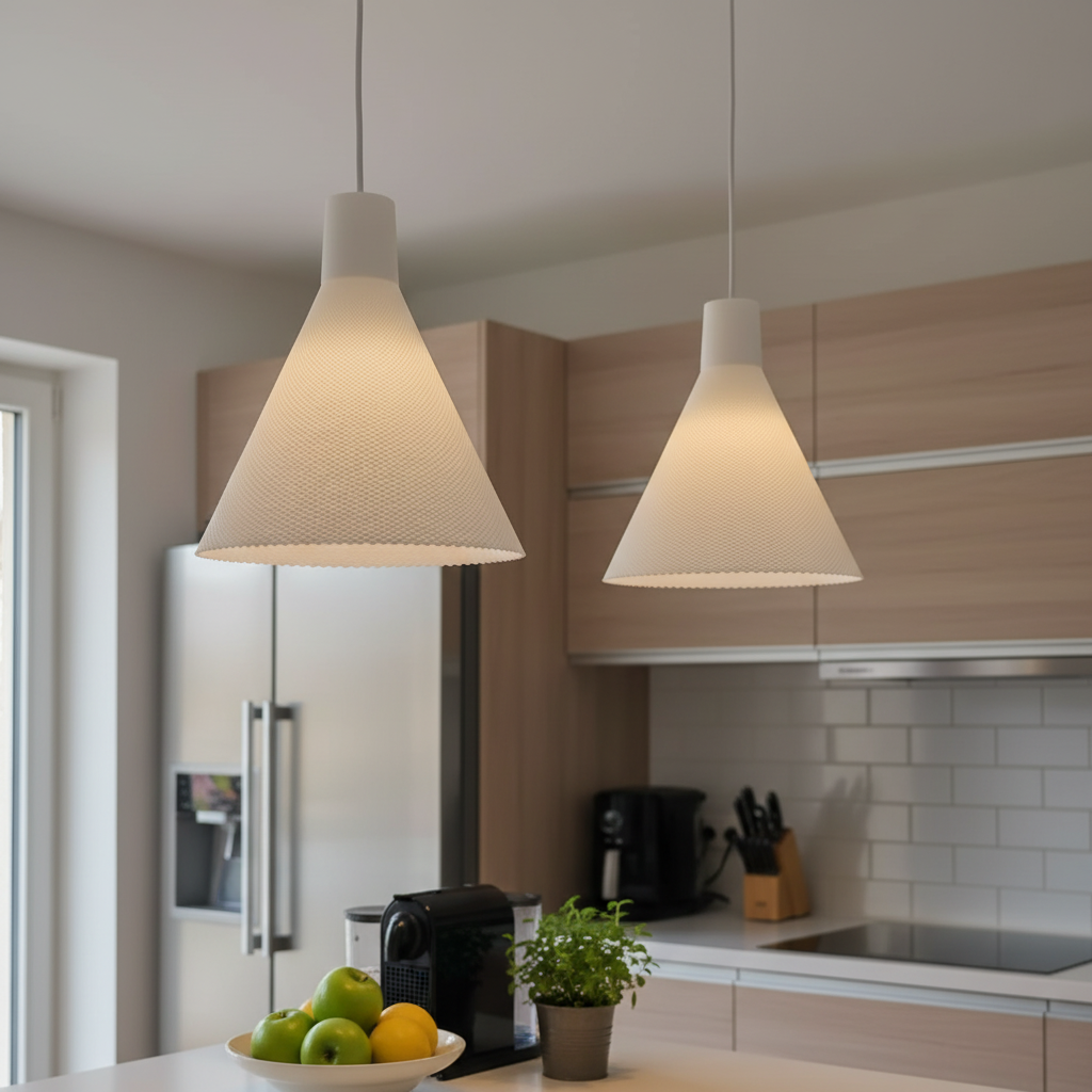 Two white textured cone pendant lights suspended above a kitchen island in a modern kitchen with wood cabinetry.
