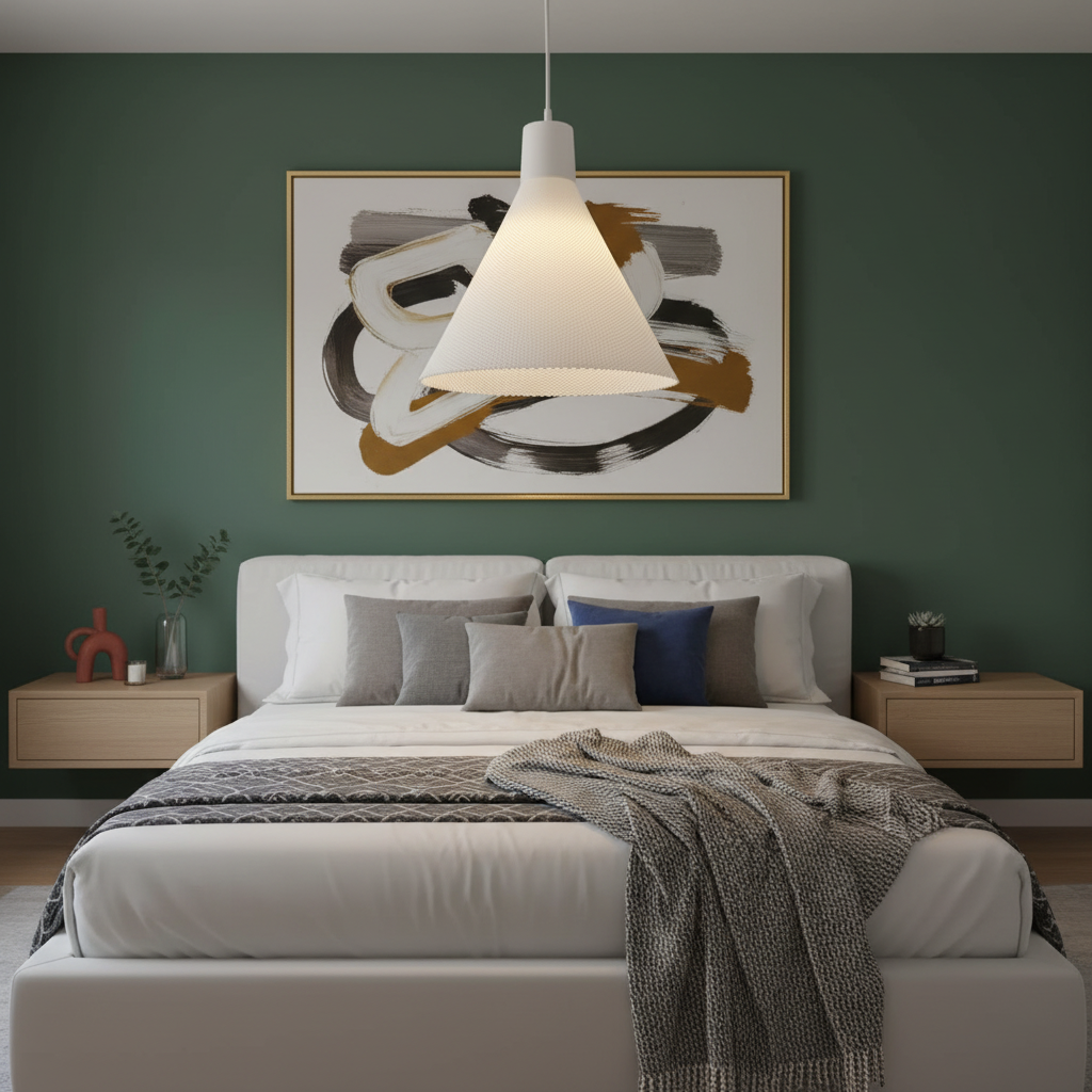 White cone pendant light centered above a modern bed in a bedroom with a dark green accent wall.