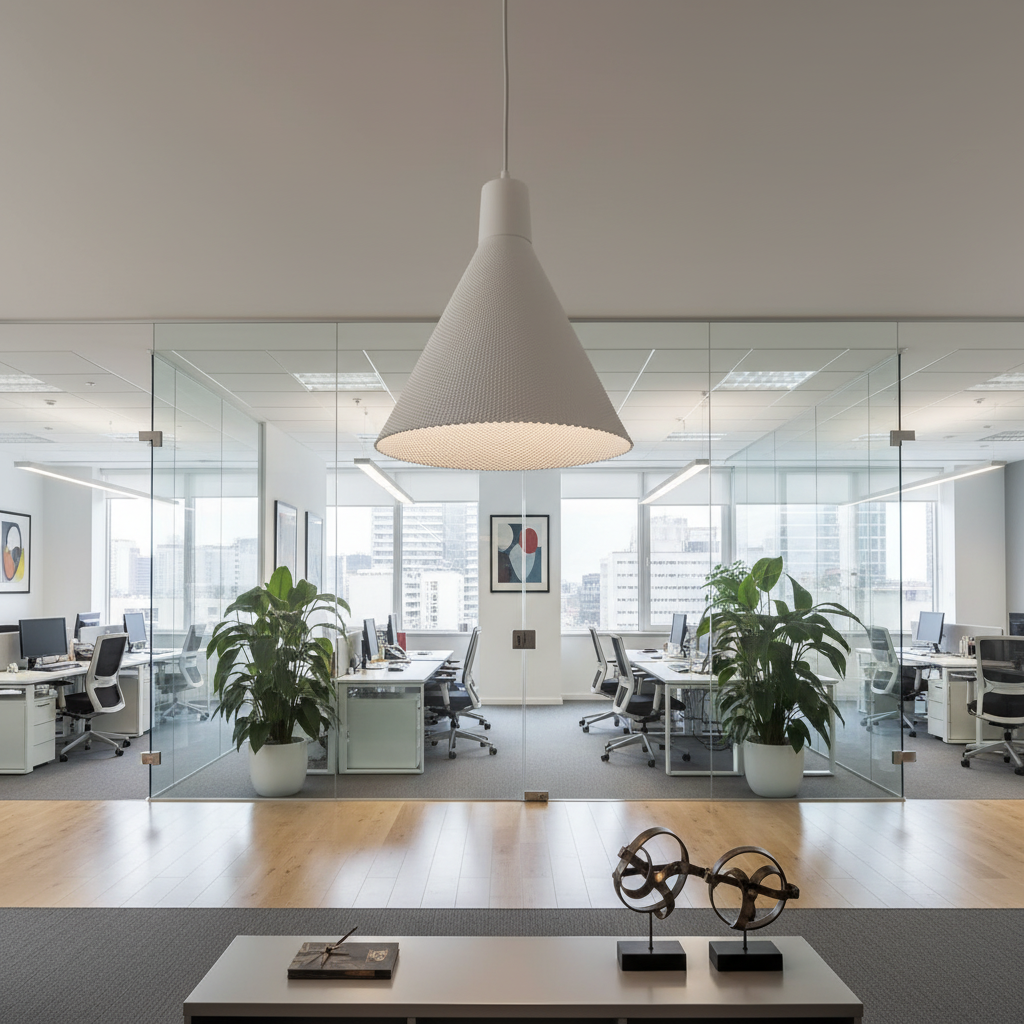 White cone-shaped pendant light suspended in a modern office space with glass walls and indoor plants.