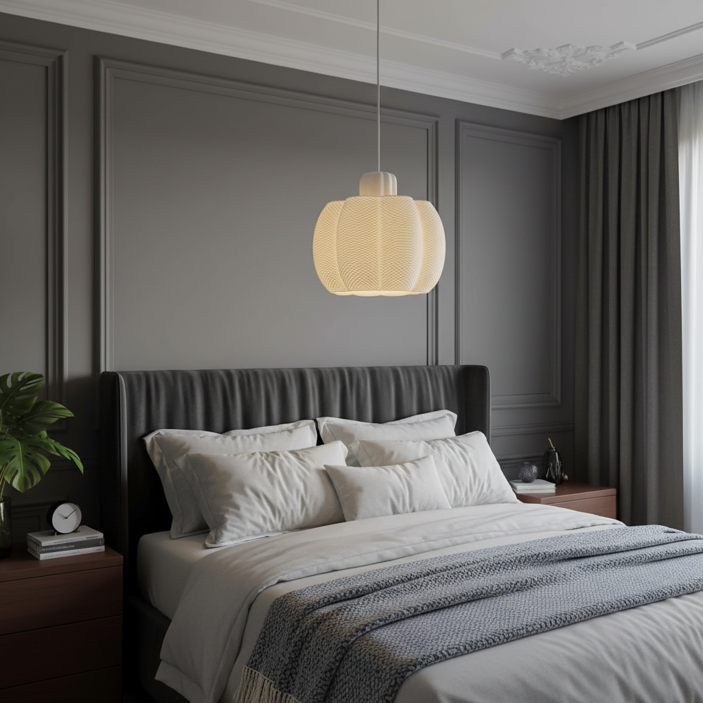 Modern white pendant light with sculptural texture in a minimalist grey bedroom interior.