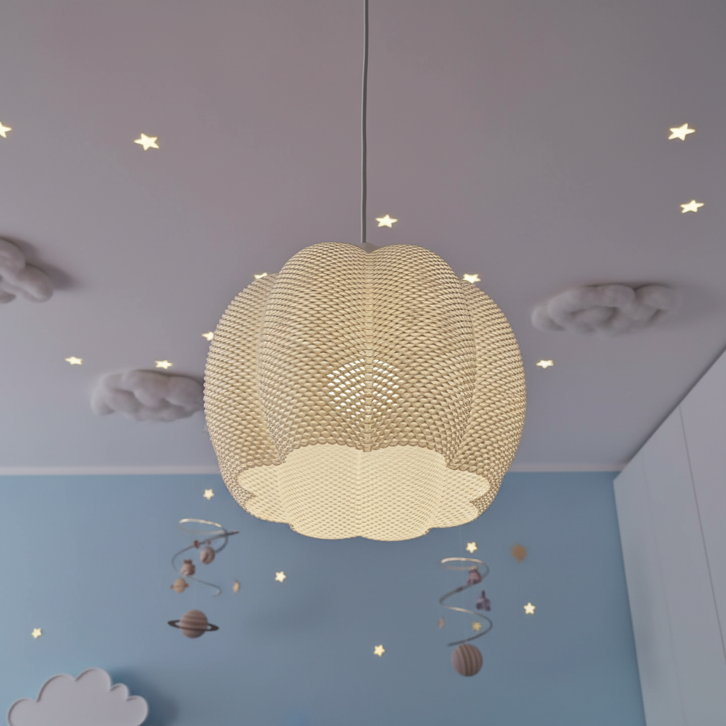 White sculptural pendant lamp hanging in a child’s bedroom with star ceiling lights and playful decor.