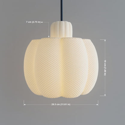White textured pendant light with dimensions on a gray background