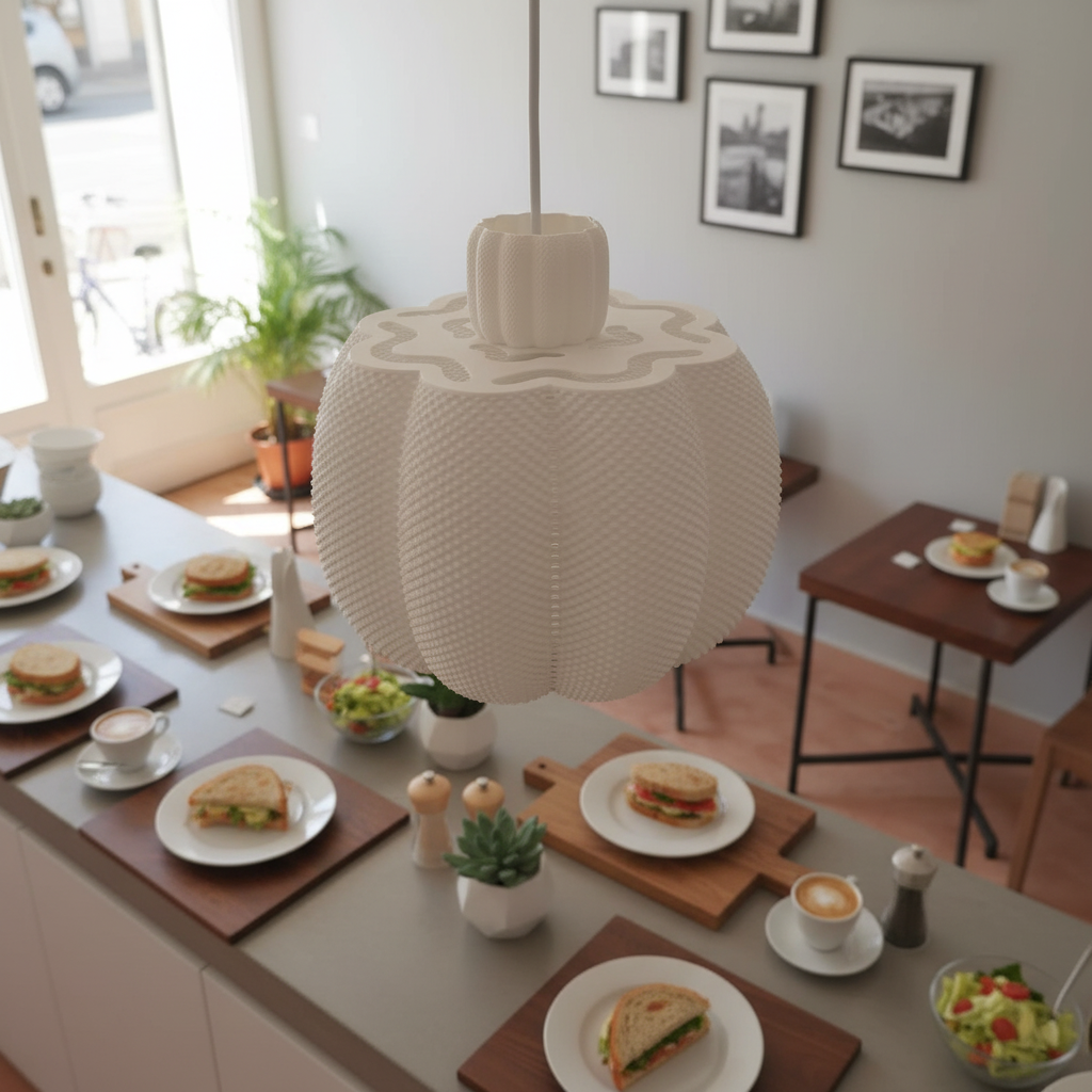 White textured pendant light above a dining table set for breakfast in a bright modern kitchen.