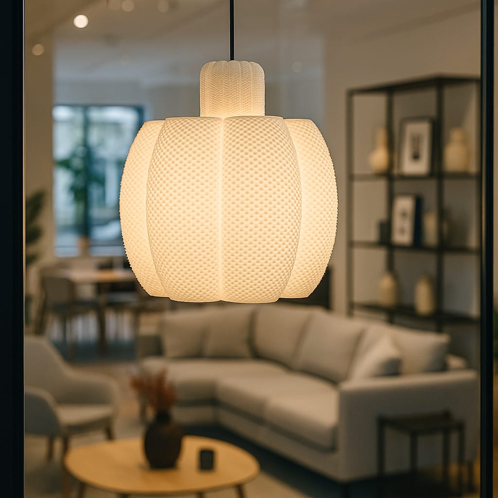 Light fixture hanging in a living room with blurred background