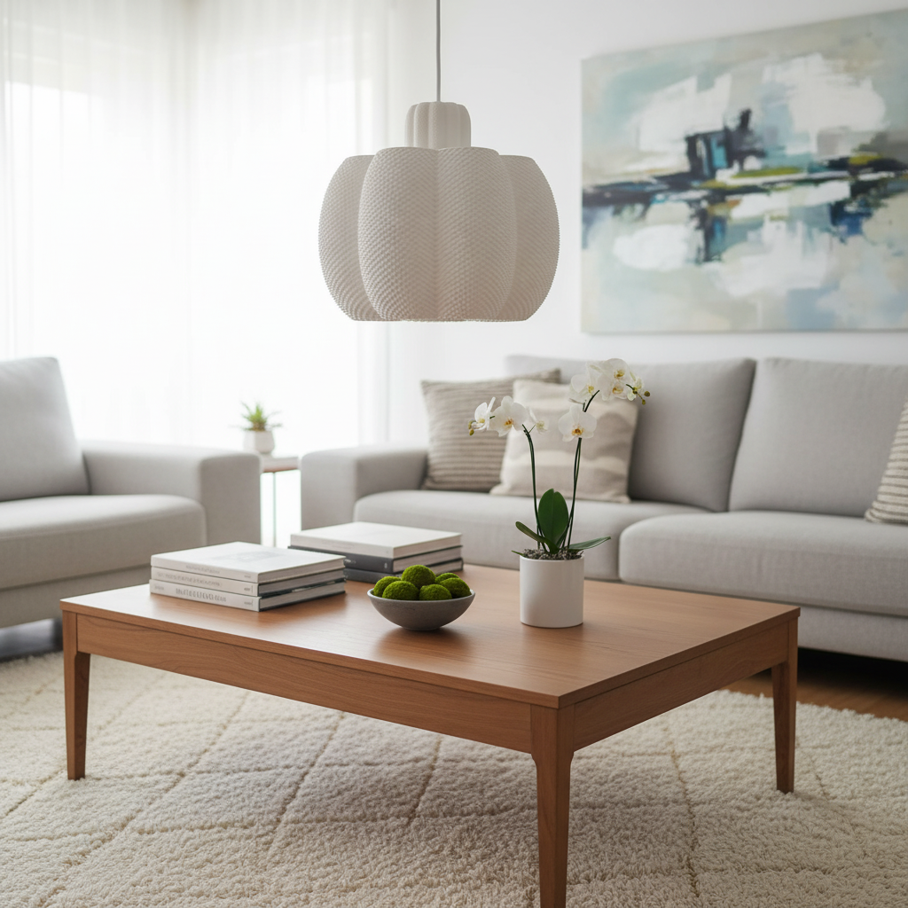 Minimalist living room featuring a white pendant lamp above a wooden coffee table and neutral sofa.