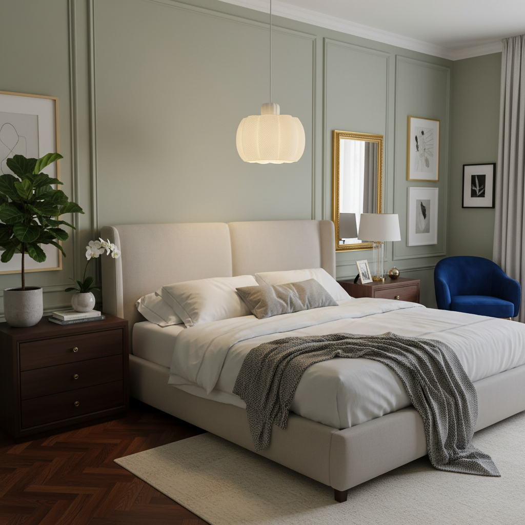 Elegant bedroom interior with a white pendant lamp, upholstered bed, and soft green wall panels.