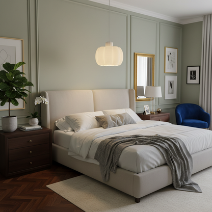 Elegant bedroom interior with a white pendant lamp, upholstered bed, and soft green wall panels.