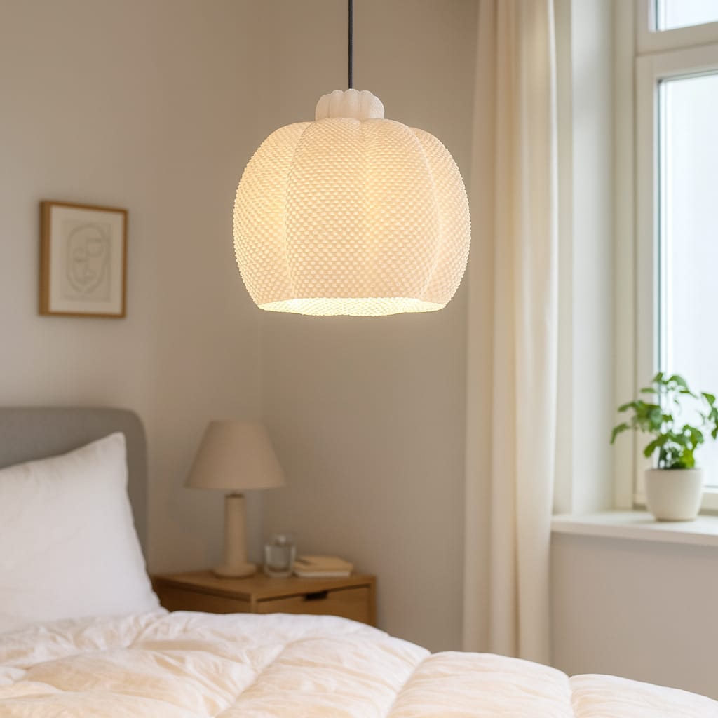 Pendant light hanging above a bed in a bedroom with a window and plant in the background.