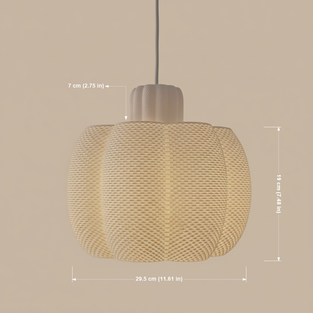 Product dimensions of a white textured pendant lamp showing height and width measurements on a neutral background.