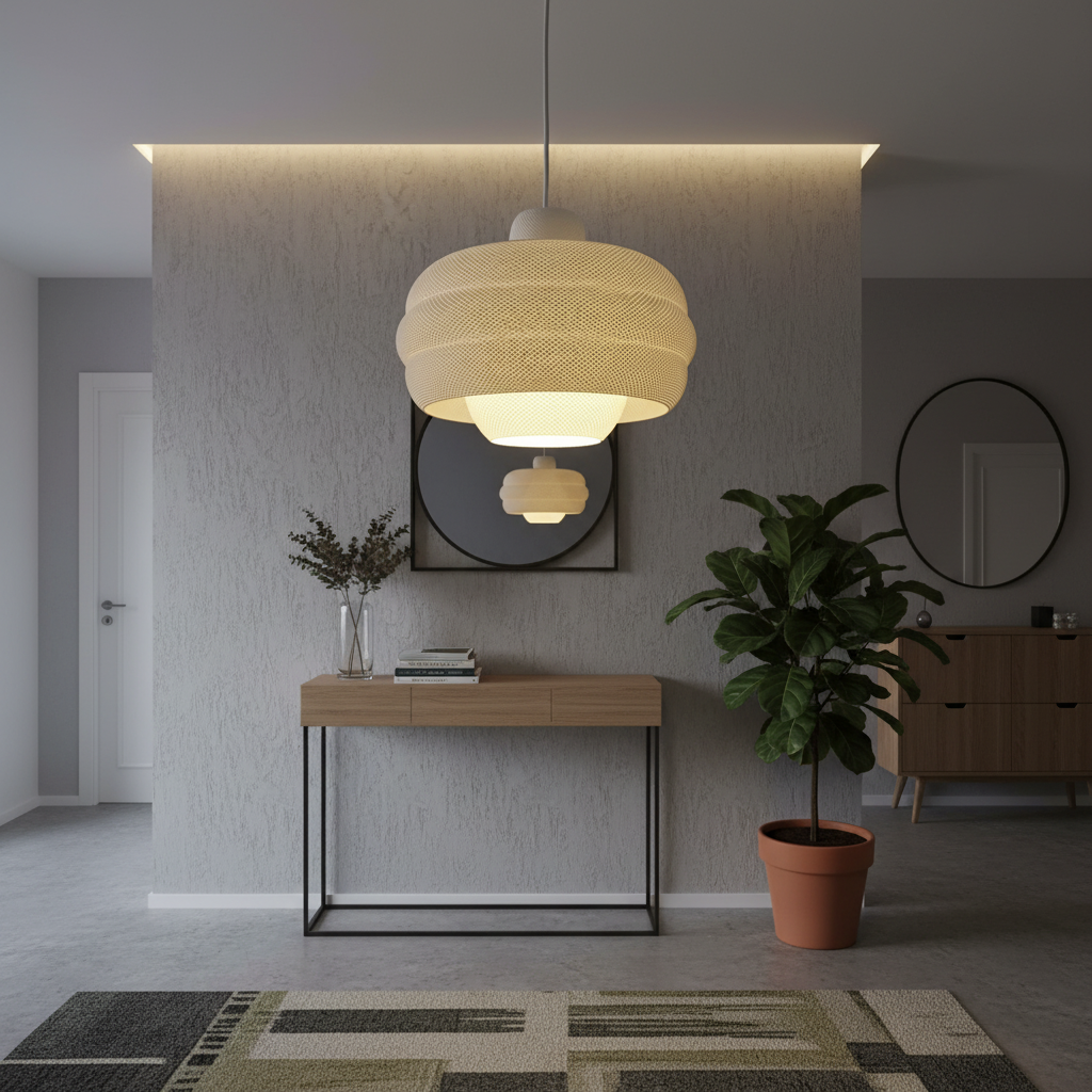 White sculptural pendant lamp hanging above a minimalist hallway console table.