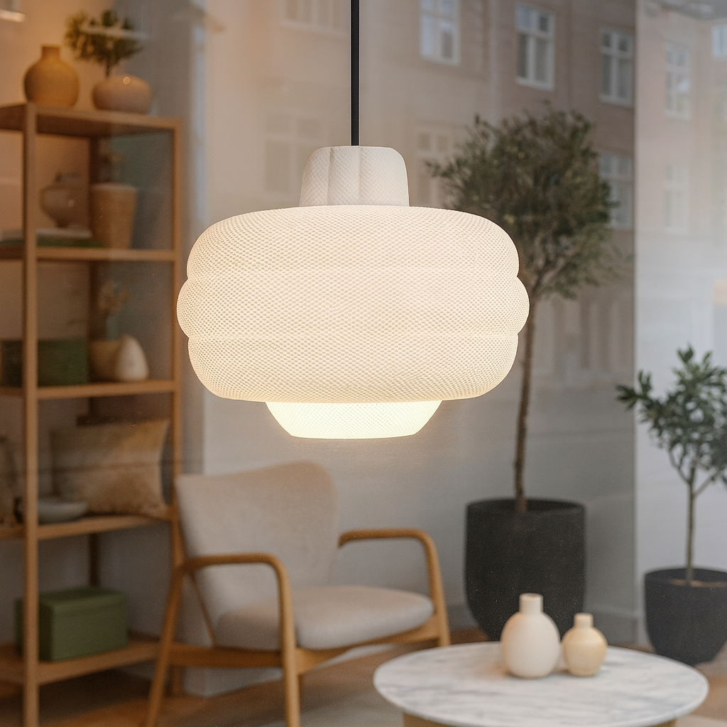 Modern pendant light in a living room setting with a chair and decorative items.