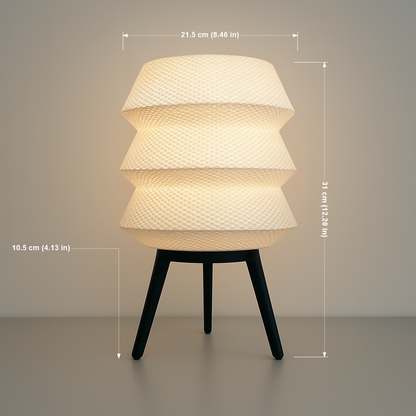 Table lamp with textured white shade and black base, shown with dimensions on a neutral background.