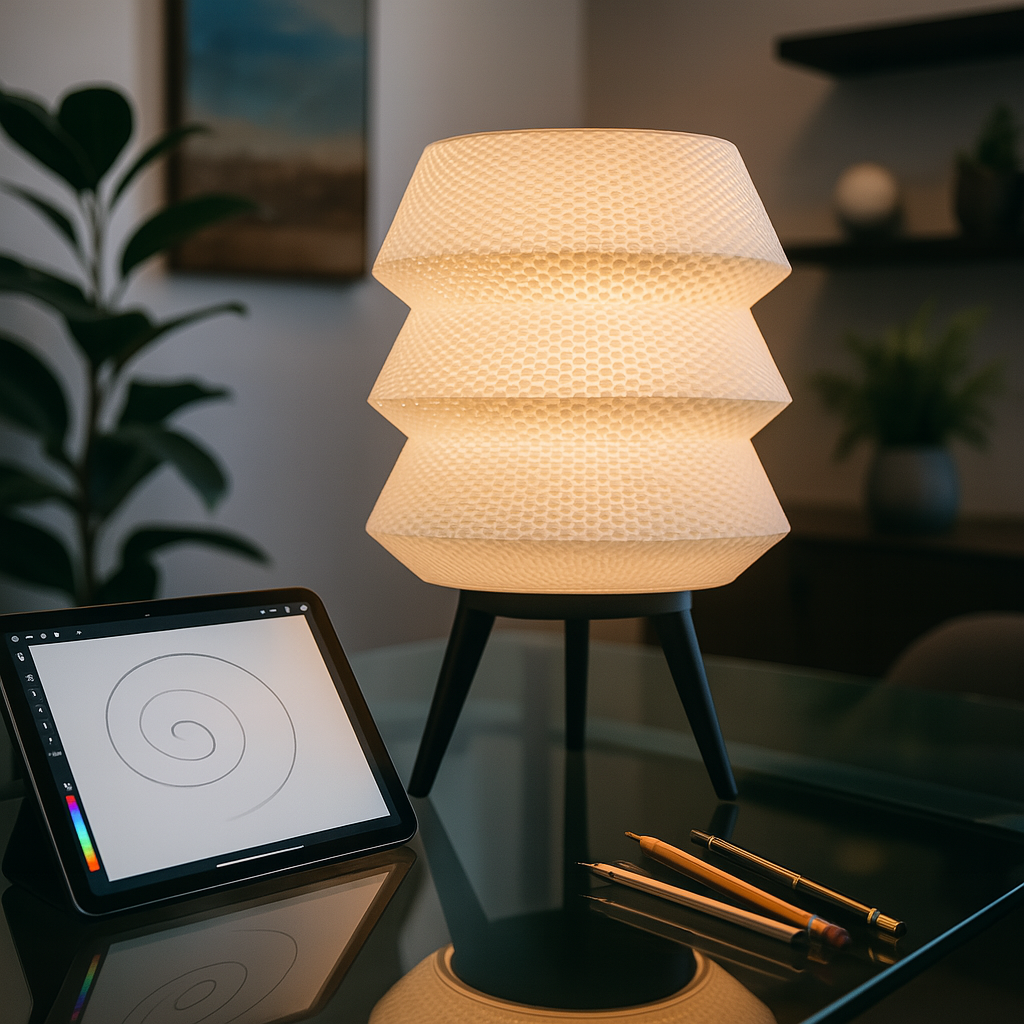 Modern lamp on a table with a tablet displaying a drawing app in a dimly lit room.