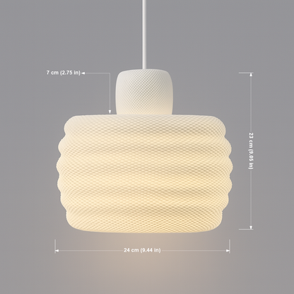 Beige woven pendant light with dimensions on a gray background
