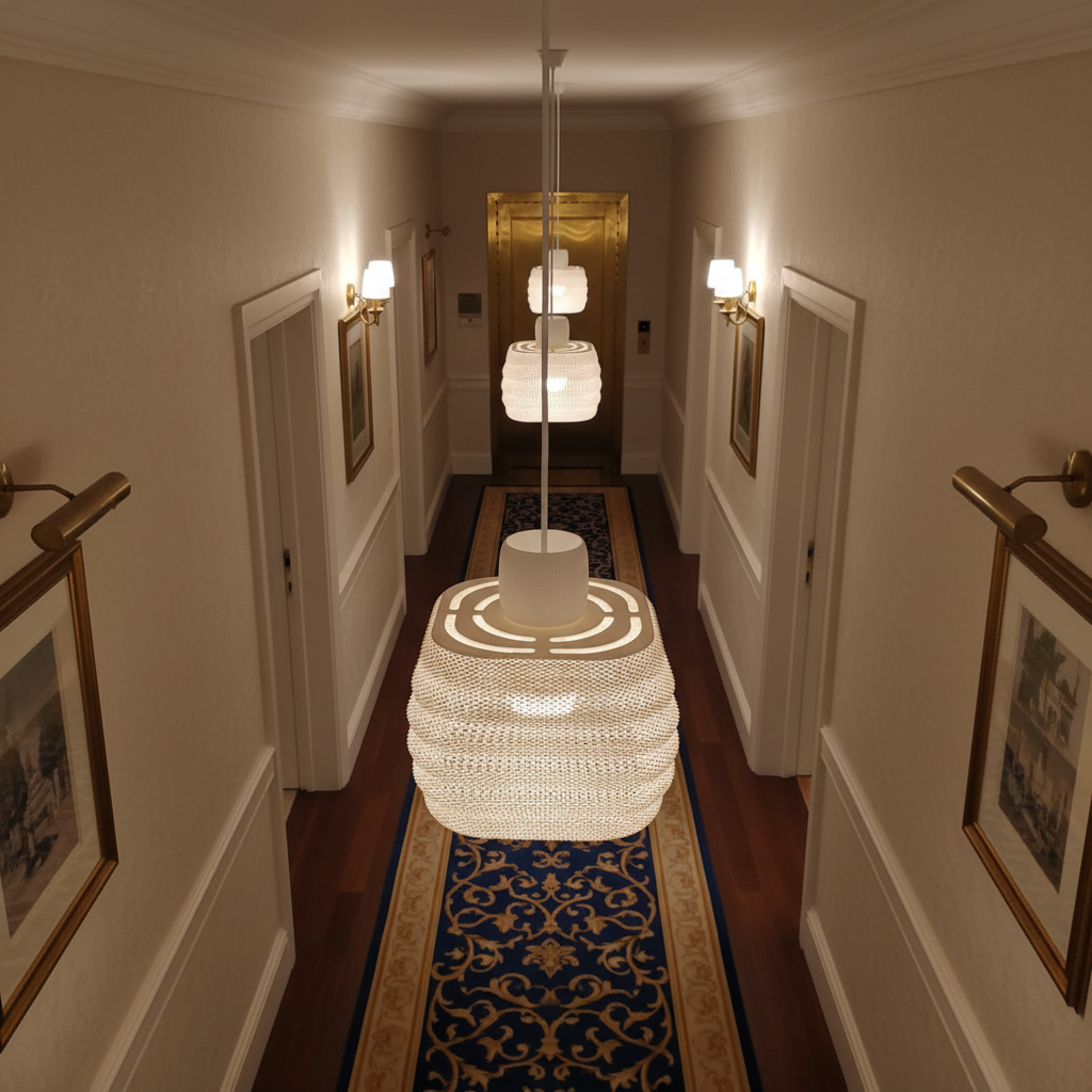 Series of woven pendant lights suspended in a classic hotel corridor with warm ambient lighting.