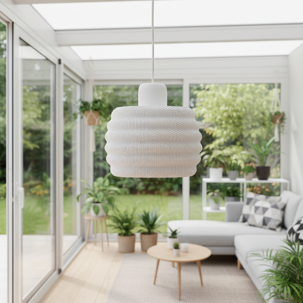 Woven pendant lamp hanging in a bright sunroom with plants and modern Scandinavian furniture.