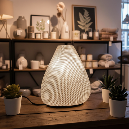 Textured table lamp on a wooden surface with a blurred indoor setting