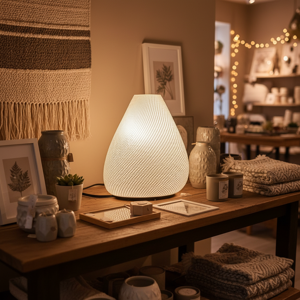Decorative table with a textured lamp, plants, and other items in a warm-toned room.