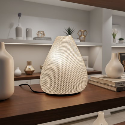 Decorative woven table lamp on a wooden surface with a blurred indoor setting