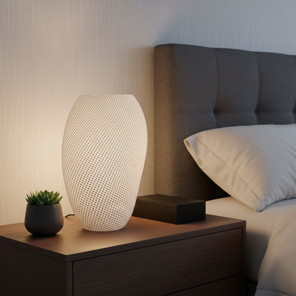 Decorative lamp on a nightstand next to a bed with pillows