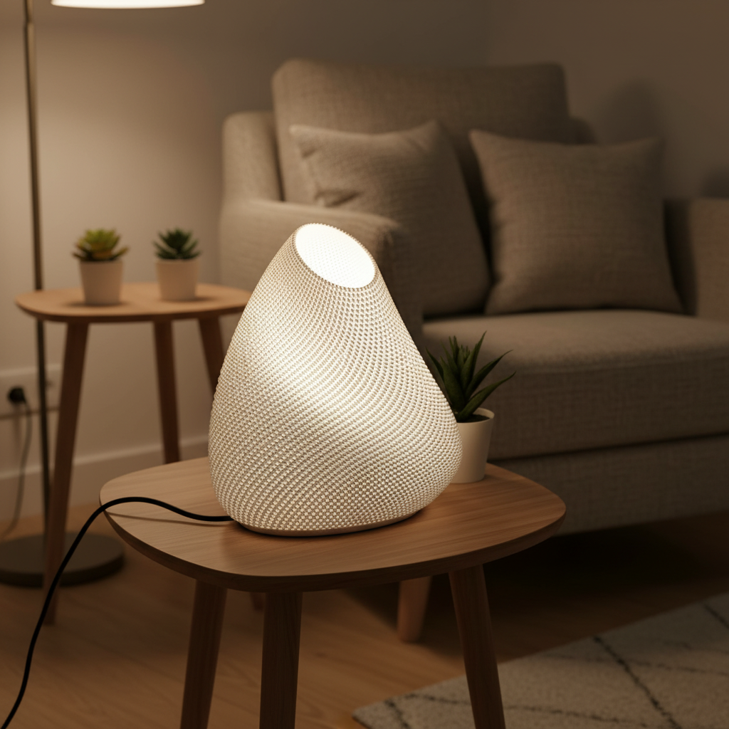 Decorative lamp on a wooden table in a cozy living room setting.