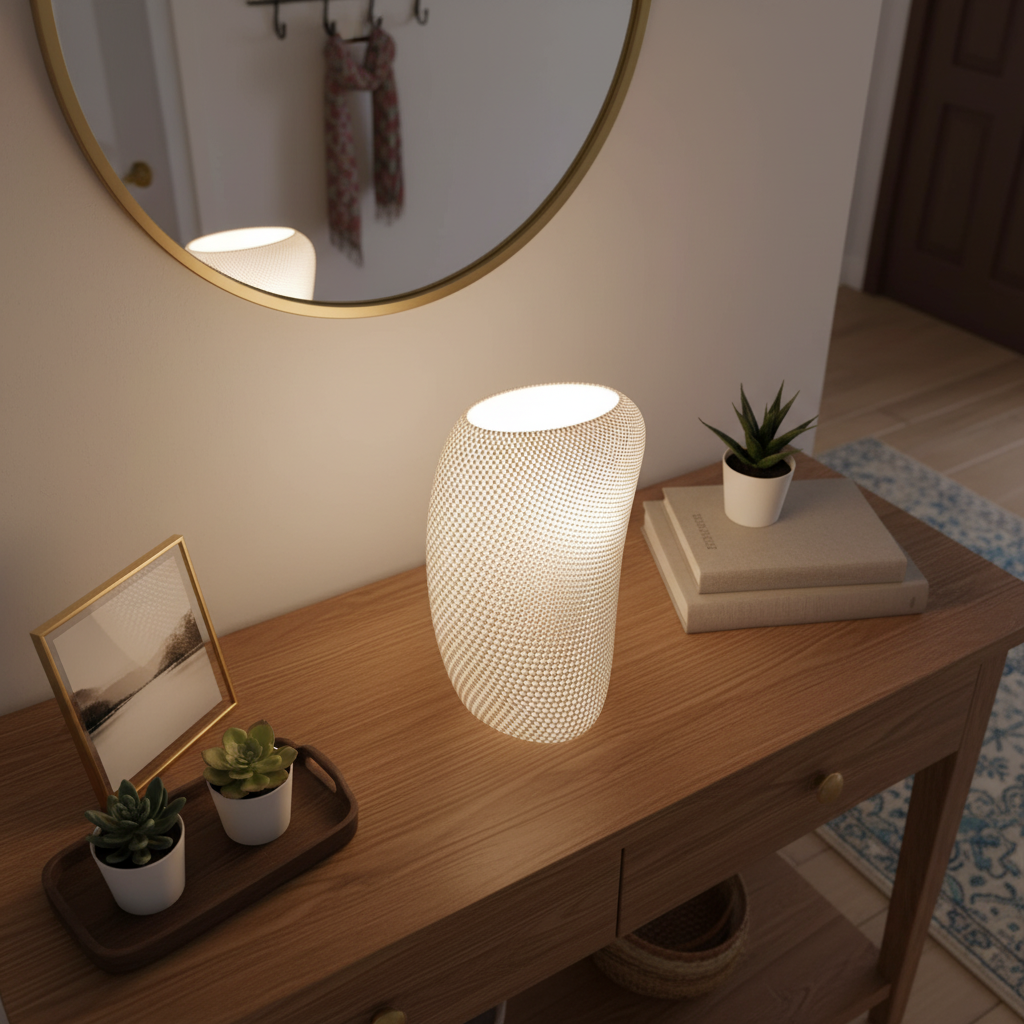 Decorative lamp on a wooden console table with plants and a mirror.