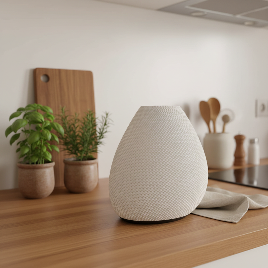 White textured table lamp on a kitchen counter with plants and utensils in the background