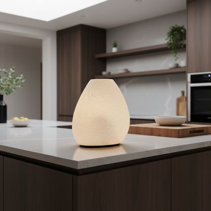 Beige textured lamp on a kitchen counter with a blurred background