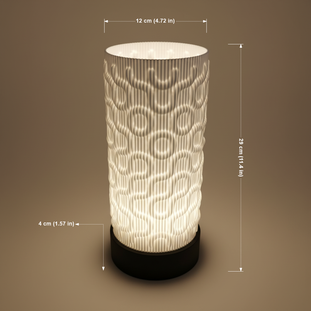Decorative cylindrical lamp with textured design and measurements on a brown background